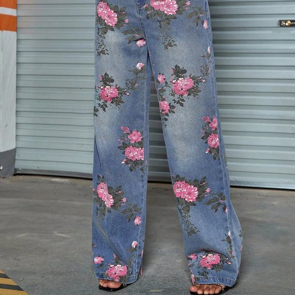 Blue Vintage Womens Floral Print Slant Pocket Straight Leg Jeans - Picture 5 of 5